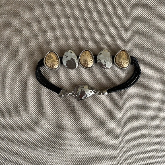 Jewelry - Vintage 90s Mixed Metal Bracelet Gold Silver Hammered Link Black Cord Bracelet